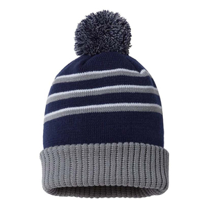 Bonnet rayé avec pompon rouge, bleu marine et blanc, tricoté, hiver, unisexe, adulte, décontracté, extérieur, 100% acrylique - Product Image 4