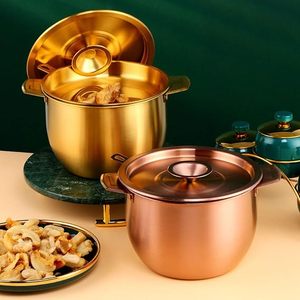 Casserole ronde dorée avec couvercle en acier inoxydable, design en métal poli durable, style moderne et luxueux pour gaz - Product Image 5