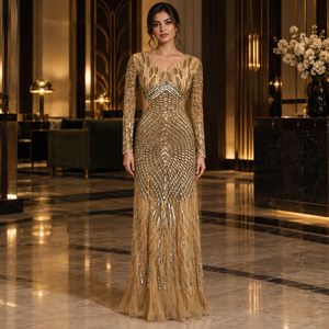 Gold Beaded Mermaid <b>Evening</b> <b>Dress</b> | V-Neck Long Sleeve Floor Length Formal Gown <b>for</b> Party <b>Wedding</b> Guest Special Occasion Elegant - Product Image 3