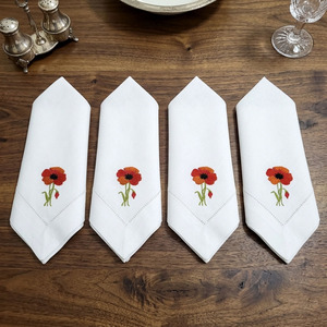 Serviettes de table en tissu classiques personnalisées, brodées de fleurs de coquelicot rouges, 50x50cm, en coton fait main avec ourlet festonné, pour la maison et l'hôtel - Product Image 2
