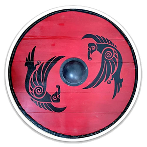 Escudo Vikingo Rojo Hecho a Mano con Diseño de Cuervo Nórdico Negro y Centro Metálico, Réplica de Escudo Medieval de Guerrero con Decoración - Product Image 3