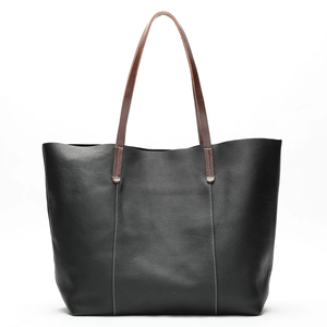 Bolso Tote de Cuero Genuino Azul con Asas Naranjas, Cierre Abierto, Estilo Minimalista para Uso Diario - Product Image 3