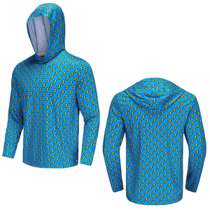 Chemise de pêche unisexe à capuche imprimé paon bleu 100 % polyester UPF 50 anti-UV respirante pull-over avec logo personnalisé sur le devant pour l'extérieur - Product Image 4