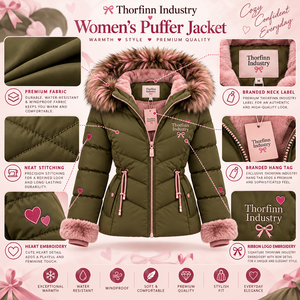 Veste matelassée pour femme Thorfinn Industry avec capuche en fourrure, fermeture éclair, vert olive, garniture en fausse fourrure, prix de gros, OEM - Product Image 6