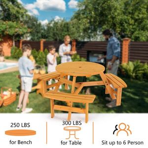 6-Person Circular Wooden <b>Picnic</b> <b>Table</b> with 3 Built-In <b>Benches</b> for Outdoor Porch Backyard Patio or Lawn Care - Product Image 2