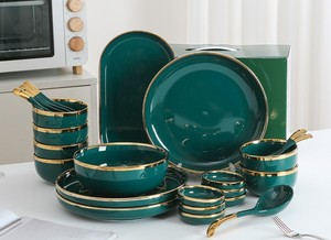 Meal <b>Set</b> 4/6-Person Luxurious Modern Titanium Gold Rimmed Green Smooth Glossy Porcelain <b>Dinnerware</b> <b>Sets</b> Durable BPA Free - Product Image 2