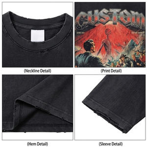 300Gsm Oversized Heavyweight Acid Wash T-shirt Distressed Graphic Print Rhinestone Vintage Hip Hop Streetwear Mens <b>Tshirts</b> - Product Image 5