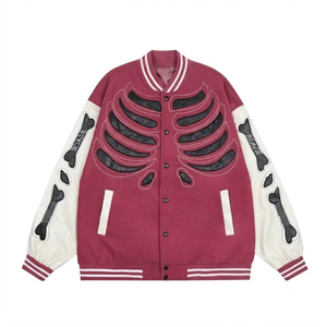 Chaqueta Bomber Varsity para Hombre, Color Rosa Oscuro, con Apliques de Huesos de Esqueleto, Manga de Lana/Viscosa, Estilo Urbano, Hip Hop, Vintage, para Invierno - Product Image 1