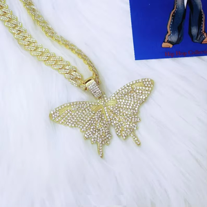 Gold Plated Butterfly Pendant Necklace With Cubic Zirconia Pave Setting Unisex Hiphop Style Figaro <b>Chain</b> Everyday Wear - Product Image 2