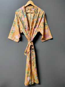 Rust Orange Floral Printed Cotton Kimono Robe – Boho Style Long <b>Open</b> Front Cover <b>Up</b> with Waist Tie - Product Image 1