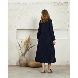 Women Navy Blue Cotton Linen Maxi <b>Dress</b> With Button Front Stand Collar <b>Loose</b> Fit Full Sleeve Summer Casual <b>Dress</b> For Women - Product Image 3