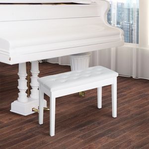 Sgabello per pianoforte regolabile in altezza con cuscino in similpelle bianca e seduta doppia in legno - Product Image 4