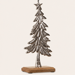 Handmade Modern Silver Embossed Metal Christmas <b>Tree</b> Sculpture with Sturdy Wooden Base Elegant <b>Tabletop</b> Holiday Decoration - Product Image 3
