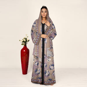 Abaya de Chifón Estampada con Pañuelo para la Cabeza, Frente Abierto, Manga Larga, Ropa Islámica Modesta para Mujer, Atuendo de Estilo Árabe Contemporáneo - Product Image 2
