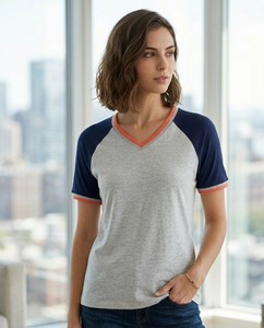 T-shirt décontracté pour femme à col en V et manches raglan, color block, coupe classique, printemps-été, 100 % coton jersey respirant, manches courtes - Product Image 4