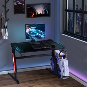 Scrivania da Gaming a Forma di Z Nera con LED, Struttura in Metallo e MDF, Copertura Angolare, Portabicchieri e Gancio per Cuffie per Sala Giochi - Product Image 2