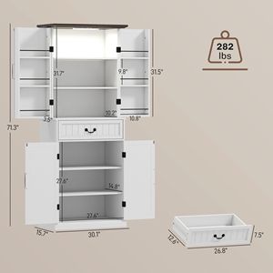 Mobile dispensa da cucina a LED bianco anticato da 71 pollici con ante e ripiani, stile rustico - Product Image 3