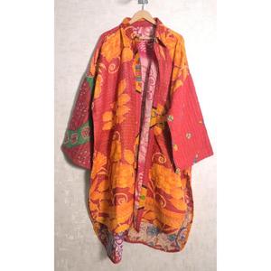 Chaqueta de algodón Kantha vintage, abrigo largo hecho a mano con patchwork indio, ropa exterior bohemia estampada para mujer - Product Image 1