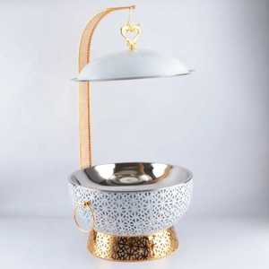 Luxury White Gold Serving Bowl With <b>Lid</b> Elegant Geometric Lattice Pattern Buffet Presentation Dish Ornate Heart Handle - Product Image 1