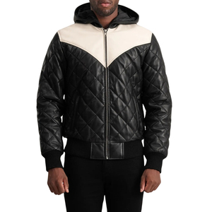 Chaqueta de Invierno para Hombre con Capucha, Acolchada, de Cuero PU, con Bloques de Color Blanco y Negro, con Cierre - Product Image 2