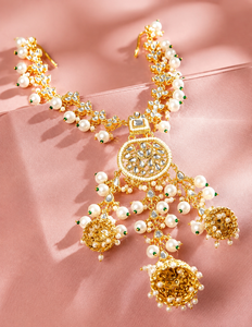 Chaîne de cheveux de mariée élégante plaquée or réglable avec perles et pierres précieuses, bijoux de cheveux faits à la main pour femmes - Product Image 5