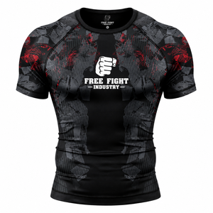 T-shirt de compression à manches courtes pour homme Free Fight Industry, imprimé camouflage noir et rouge, séchage rapide, en spandex et polyester - Product Image 1