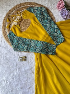 Salwar Kameez jaune long jusqu'au sol avec dupatta bleu imprimé, tenue de fête traditionnelle indienne, costume Anarkali ample pour femmes - Product Image 5