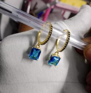 Natural Blue Topaz Emerald Cut Drop Hoop Earrings 925 Sterling <b>Silver</b> 14K Gold Plated Dainty <b>Huggie</b> Wedding Jewelry - Product Image 4