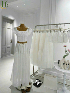 <b>White</b> Embroidered Woven Breathable Short Sleeve Cotton Linen Blend Crop Top <b>Maxi</b> <b>Skirt</b> Set Square Neck Feminine Elegant 2-Piece - Product Image 6