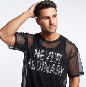 Camiseta de malla transparente con pedrería para hombre, 100% poliéster, de secado rápido, top transparente para verano y playa, camiseta transparente con pedrería para hombre - Product Image 3