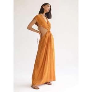 Vestido Maxi de Verano para Mujer, Color Naranja, Cuello en V Profundo, Corte Entallado, Estilo Playero, 100% Algodón Ecológico, Estampado Floral - Product Image 3