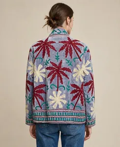 Grey <b>Velvet</b> Cotton Suzani Embroidered Jacket <b>Women</b> Handmade Tropical Palm Floral Boho Ethnic Fashion <b>Coat</b> Wholesale - Product Image 2