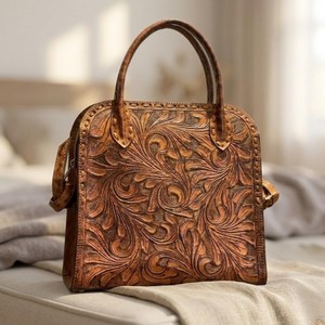 Hand-Tooled Genuine Leather Handbag for Women – Vintage Floral Carved <b>Shoulder</b> & Tote Bag - Product Image 2