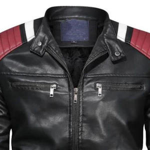 PREMIUM <b>MEN'S</b> BLACK PU <b>LEATHER</b> <b>JACKET</b> ZIP UP MOTORCYCLE OUTERWEAR WITH CONTRAST STRIPES CHEST ZIP POCKETS AND SIDE POCKETS - Product Image 3
