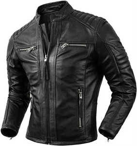 Blouson moto homme en cuir PU coupe ajustée, col montant, fermeture éclair, coupe-vent, manches classiques, couleur unie, pour l'automne - Product Image 4