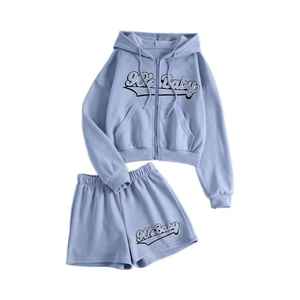 Customizable Lightweight Zip Drawstring Cotton Tracksuit Letter Graphic Thermal <b>Lined</b> Hoodie Shorts <b>Pants</b> Set Winter Hooded - Product Image 1