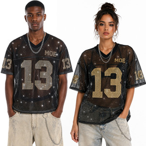 Premium Rhinestone See Through Top American Football Jersey Transparent Mesh <b>Tshirt</b> Unisex Customised Casualwear Lightweight - Product Image 1