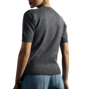 Pull en maille à manches courtes gris anthracite uni, orné de strass thermocollés, léger, ultra-doux, coupe ajustée pour femme - Product Image 2