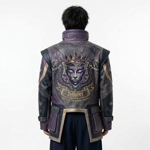 Purple Vintage Distressed Leather Long Coat <b>Mens</b> <b>Gothic</b> Crown Demon Face Embroidered Flap Pocket Outerwear - Product Image 2