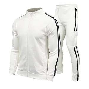 Ensemble de survêtement noir pour homme avec fermeture éclair intégrale et bandes blanches, tenue de sport pour jogging, sweat-shirt et pantalon en polyester à séchage rapide, idéal pour l'automne - Product Image 4