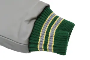 Veste de baseball sur mesure en gros, doublure matelassée en polyester, coque en laine vert forêt, manches en cuir gris, devant à col montant, style universitaire - Product Image 6