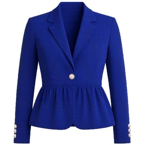 Blazer de Mujer Azul Rey con Cuello de Solapa, Botón Único, Manga Larga, Dobladillo Peplum, Tejido Antiarrugas, Estilo Otoñal - Product Image 1