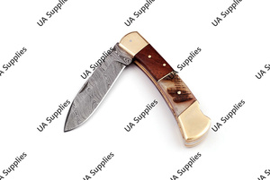 มีดพับสำหรับตั้งแคมป์และล่าสัตว์ ยี่ห้อ UA Supplies ด้ามไม้ทำจากเขาสัตว์ ใบมีดเหล็กดามัสกัสเกรดอุตสาหกรรม แบบ OEM ปลายมีดทรง Drop Point สำหรับพกพา EDC - Product Image 3