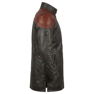 Dark Charcoal Brown <b>Men</b> Genuine <b>Leather</b> Trench <b>Coat</b> Custom Cognac Shoulder Patch Band Collar Front Placket Panel Outerwear - Product Image 3
