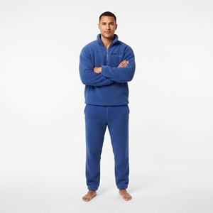 Wholesale <b>Men</b> <b>Sherpa</b> Fleece Tracksuit Custom Embroidered Logo Relaxed Fit Drop Shoulder Quarter Zip <b>Hoodie</b> Jogger Set - Product Image 1