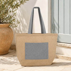 Sac fourre-tout personnalisé en jute et coton laminé avec poche extérieure et fermeture Velcro 48x34x17,5 cm Vente en gros OEM ODM Fabricant de marques privées - Product Image 5
