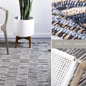 Alfombra Artesanal de Patchwork Rectangular Azul Beige, Estilo Bohemio Ecológico, Tejido Plano, Material Reciclado, Base de Yute, para Sala de Estar - Product Image 2