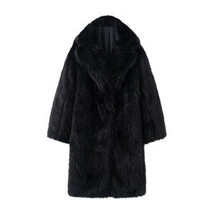 Élégant manteau poncho noir en fausse fourrure avec manches longues et texture moelleuse, vêtement d'extérieur d'hiver, longueur midi, design ouvert sur le devant - Product Image 1