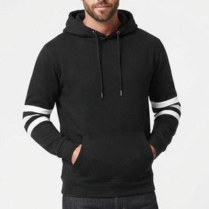 New Arrivals <b>Men's</b> Black Hooded <b>Sweatshirt</b> Regular Fit Cotton Fleece Casual Autumn Wear Pocket Design <b>White</b> Stripes on Sleeves - Product Image 1