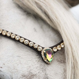 Impresionante diadema de cuero para caballo con cristales transparentes de 8 mm y un llamativo cristal Aurora en el centro, en forma de V elegante, para brida. - Product Image 5
